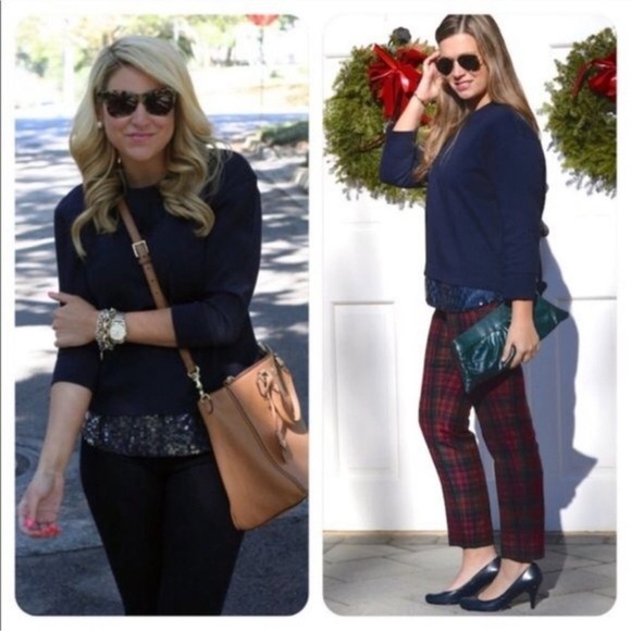 J. Crew Sequin Trim Navy Blue Sweatshirt Size Small - Picture 2 of 8